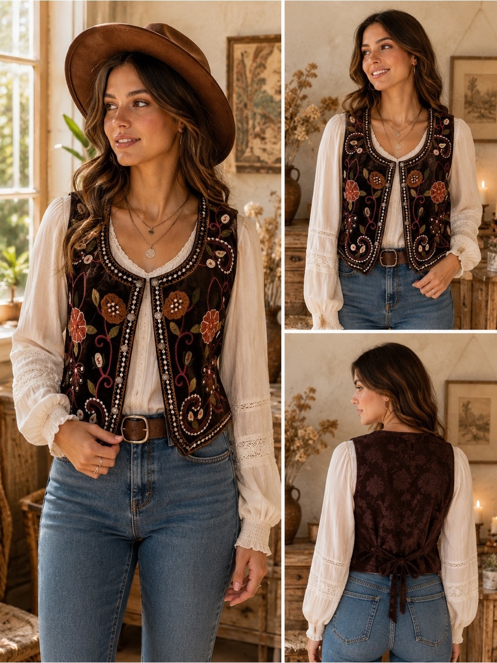 Vintage Boho Embroidered Velvet Vest - Brown